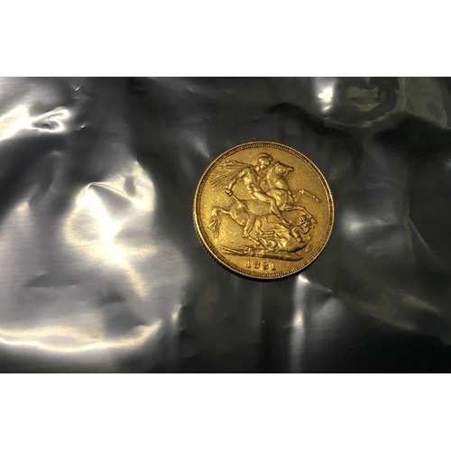 86 - GOLD Victorian period Full Sovereign 1881, Melbourne Mint, Young Victoria head, crisp condition