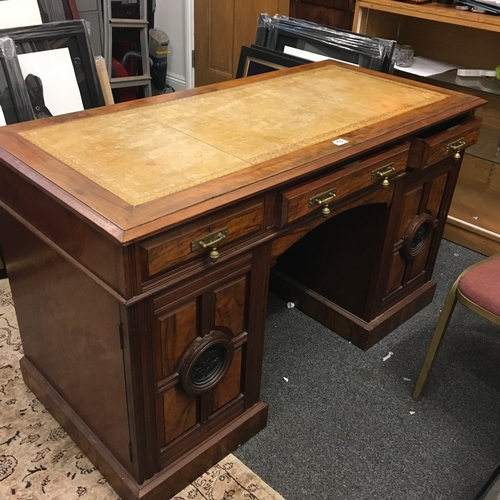 13 - Maple and Co c 1880 arts and crafts Walnut  Pedestal writing desk with leather tooled top 3 drawers ... 