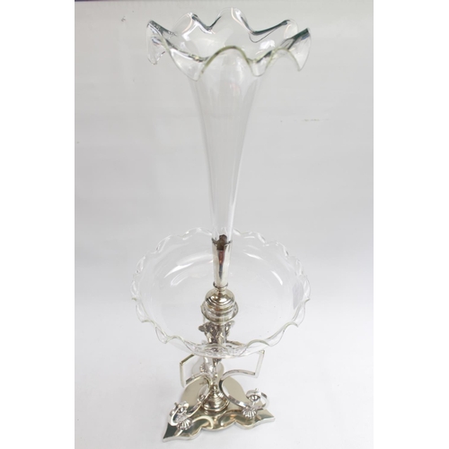 23 - 19thC Silver plated Equine decorated table centrepiece of singular glass flared posy over bowl and t... 