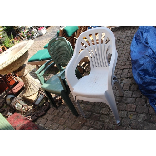 14 - 2 Green Plastic garden chairs and 2 White garden chairs
