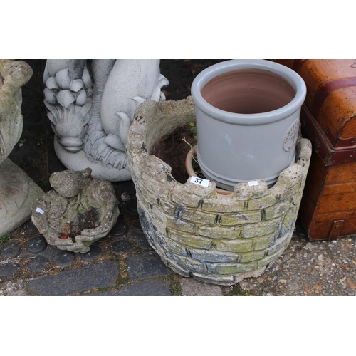 37 - Castle turret design planter and assorted Garden pots