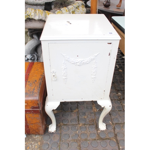 39 - Edwardian Painted bedside cabinet on paw feet and applied decoration