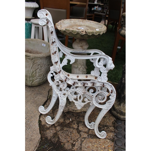 55 - Pair of White painted metal bench ends with lions head handles