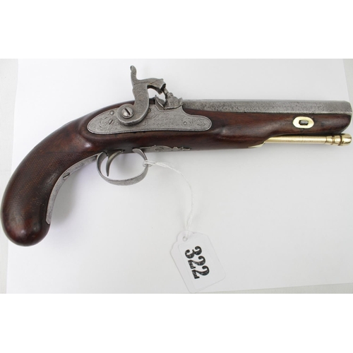 Large Bore 19thC British Percussion Pistol 15cm with Octagonal Barrel engraved lock marked CLare & Galpin silver site gold in breech chequered walnut stock 27cm in Length