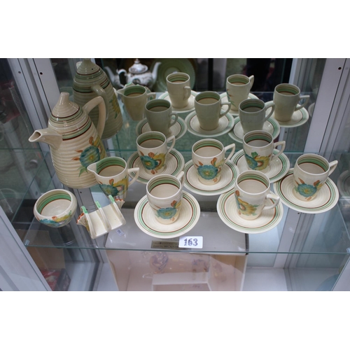 Clarice Cliff Lynton Shape Sundew Green Pattern Coffee Set comprising of Coffee pot, Sucrier, Cream jug, Toast Rack and 6 cups and saucers