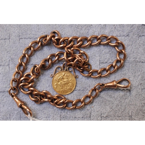 Edwardian 9ct Gold watch chain with 1910 Half Sovereign 54g total weight