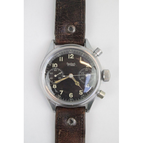 A Rare Gentlemen's nickel plated German Military Hanhart Luftwaffe Pilots Chronograph marked Wassergeschutzt Stossfest 120391 on original leather watch strap Fully serviced 2018 45mm with the Crown