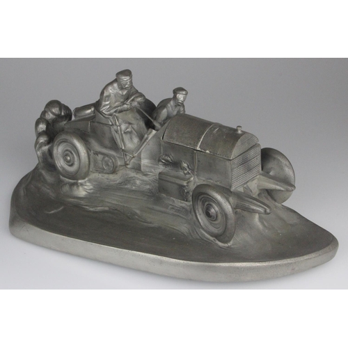 WILHELM ZWICK Racing Car Inkwell by Kayser of Germany. High quality cast resin pewter effect Mercedes Benz racing car inkwell and pentray, with inkwell under the bonnet (no ink container); by by JP Kayser & Sohn of Germany. Stamped on the back W. Zwick “WILHELM ZWICK” (1839-1925). Please note that the boot lid is fixed down. Measures 40cm L, 22cm W, 17cm H. A heavy item.