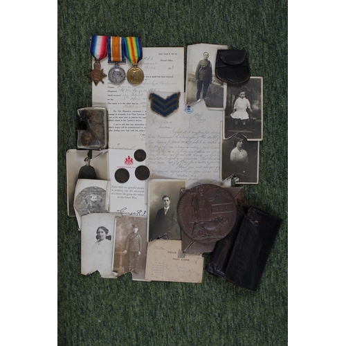 Interesting WW1 Medal group for Lance Bombardier 750477 of Royal Artillery 3 Medals and Ribbons with related paperwork with Cigarette case and Leather pouch with marks from the wounding bullet. Original Death plaque and research documents