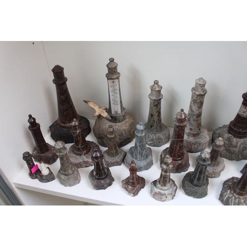 38 - Large collection of Cornish Serpentine Lighthouses of assorted sizes 7cm to 22cm (23 + 4 others)