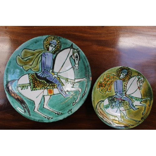 10 - 2 Chelsea Pottery Bowls with Horse back rider decoration on green ground glaze