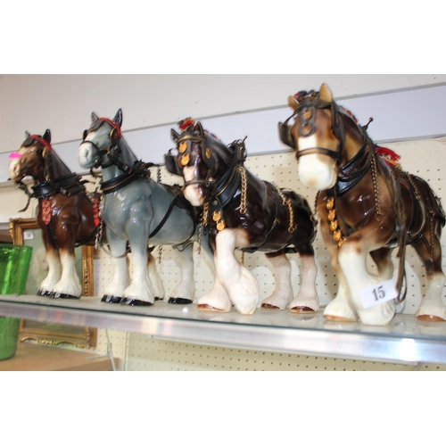 15 - Melba ware Shire Horse and 3 other Shire horse figures