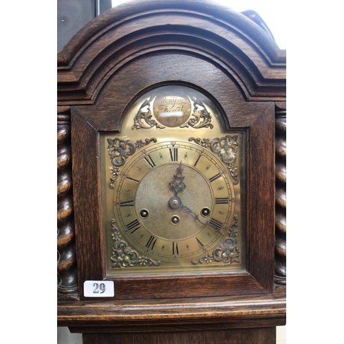 29 - Oak cased Grandmother clock with Brass Roman numeral dial