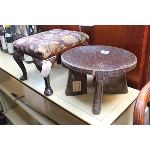 31 - African carved stool on bracket supports and a Upholstered stool with cabriole legs