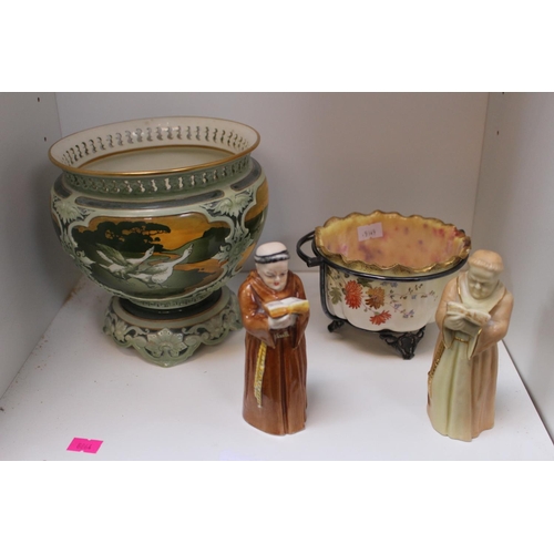 52 - Royal Worcester Jardinière with Geese decoration, 2 Worcester Monk candle snuffers and a Floral deco... 