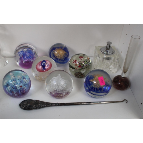 7 - Collection of Glass Paperweights, Silver handled button hook and a Table lighter
