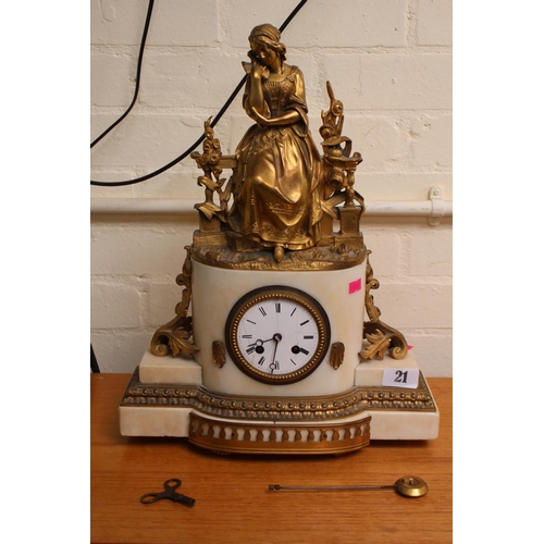 19thC French Alabaster mantel clock with gilt ormolu surmounted figure over Roman numeral dial (with Pendulum and key)