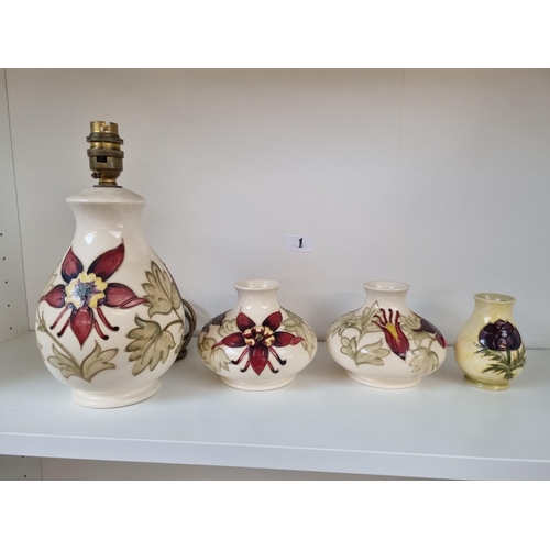1 - Moorcroft Floral decorated lamp base, Pair of matching vases and a Squat vase with impressed marks