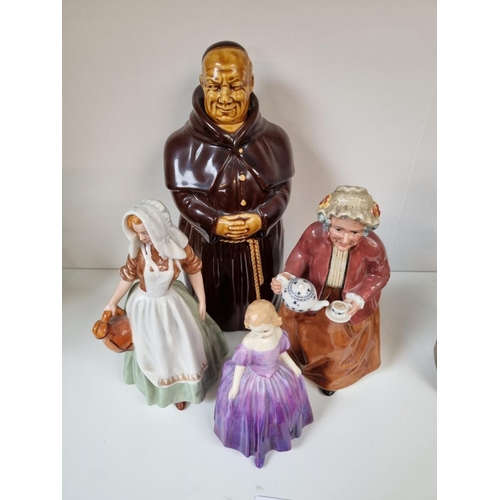 3 - Beswick Heatmaster Monk Decanter & 3 Royal Doulton Figurines 'Milkmaid. 'Teatime' and 'Marie'