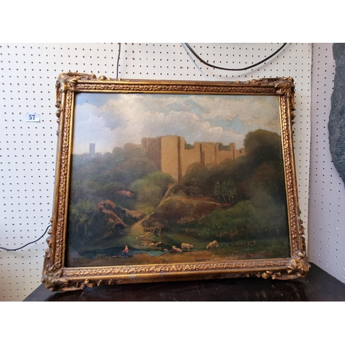 57 - 19thC Gilt Gesso Framed Oil on canvass of castle ruins upon hillside with cattle to foreground, unsi... 