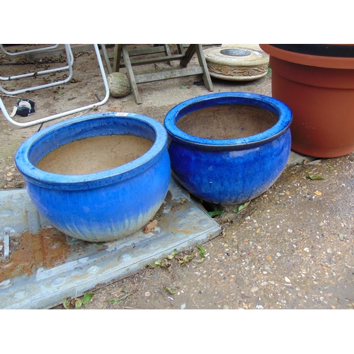 2 x blue glazed garden pots