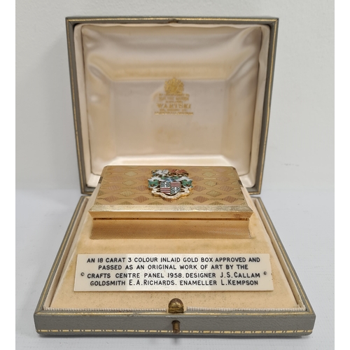699 - 20th Century 18ct gold box, the three colour inlaid gold lid with enamel heraldic coat of arms with ...