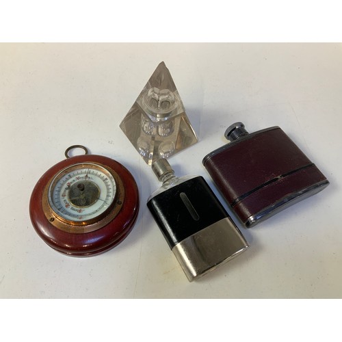 706 - 2x Hip Flasks, Ink Well and Barometer