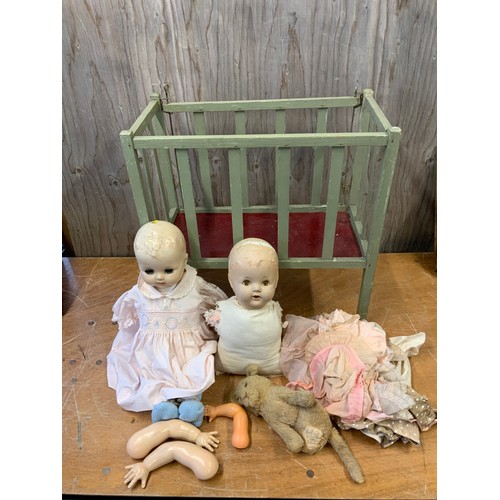 Vintage Dolls Cot and Dolls etc
