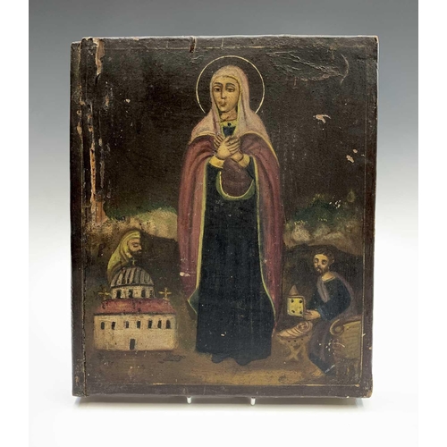 33 - A Greek icon, 19th century, the panel painted with the holy mother with a church, two figures and th... 