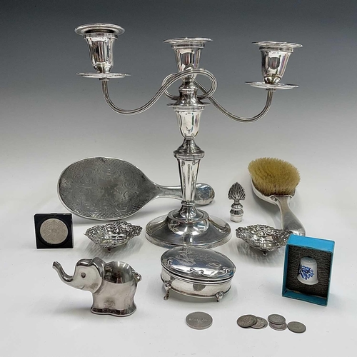 42 - A selection of silver items, to include a pair of bonbon dishes, a ring box (af) and a hairbrush and... 