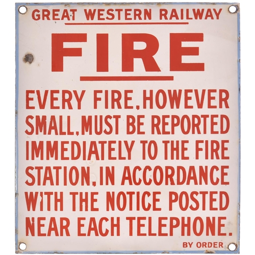 15 - A Great Western Railway warning notice, FIRE, EVERY FIRE, HOWEVER SMALL, MUST BE REPORTED, etc. Enam... 