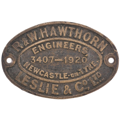 17 - A worksplate, HAWTHORN LESLIE, 3407, 1920, from a Taff Vale Railway Class A 0-6-2T No 406 which ente... 