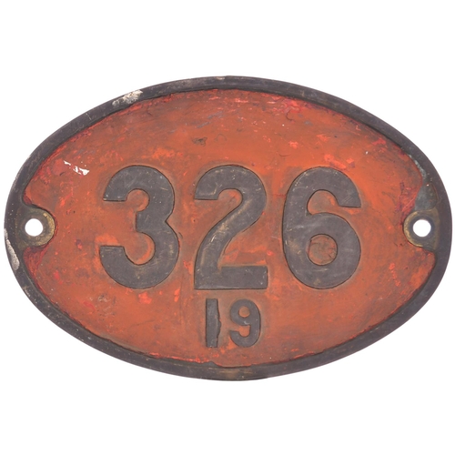 40 - A Rhodesia Railways cabside numberplate 326, 19, from a 3ft 6ins gauge 19th Class 4-8-2 No 326 built... 