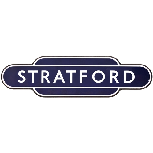 5 - A BR(E) totem sign, STRATFORD, (f/f), from the Great Eastern main line. Excellent colour and shine, ... 