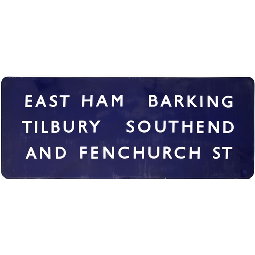 1 - A BR(E) station sign, EAST HAM, BARKING, TILBURY, SOUTHEND AND FENCHURCH STREET, (f/f), from a stati... 
