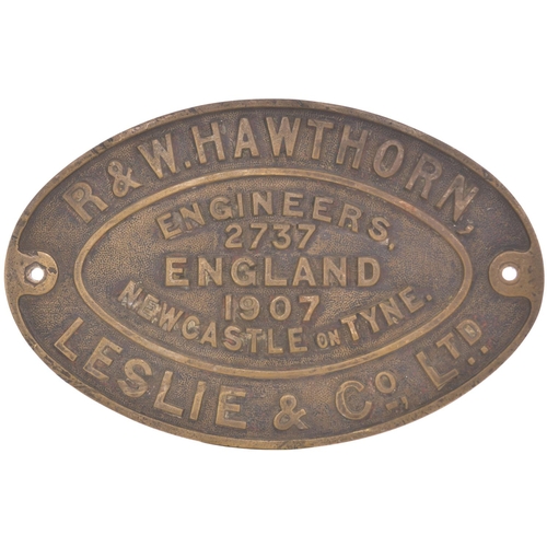 20 - A worksplate, HAWTHORN LESLIE, 2737, 1907 from a standard gauge 0-6-0ST named PRESTON No 3 new to U.... 