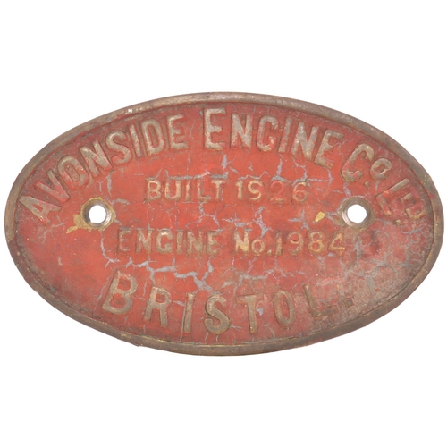 21 - A worksplate, AVONSIDE ENGINE CO LTD, BRISTOL, 1926, ENGINE No 1984, from a 2ft gauge 0-4-0T which w... 