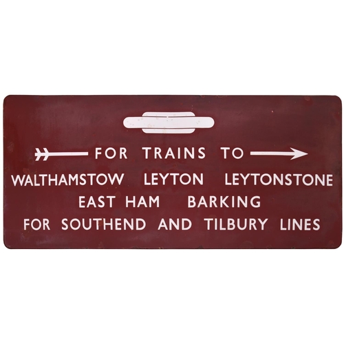 44 - A BR(M) station sign, FOR TRAINS TO (within feathered arrow), WALTHAMSTOW, LEYTON, LEYTONSTONE, EAST... 