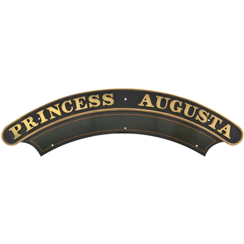 A nameplate, PRINCESS AUGUSTA, from a GWR 4000 Star Class 4-6-0 No 4058 built at Swindon in July 1914 and named after a daughter of the Duke of Cambridge, a cousin of Queen Victoria (1822-1916). Allocated to Tyseley by January 1948 and later Shrewsbury and Stafford Road from where it was withdrawn on 16 April 1951 and cut up at Swindon Works. (Postage Band: N/A)