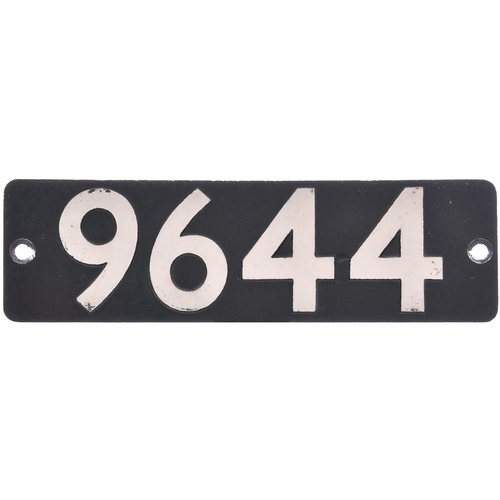 A smokebox numberplate 9644 from a GWR 8750 Class 0-6-0PT built at Swindon and allocated new to Ebbw Junction in April 1946 and later Pontypool Road and Radyr from where it was withdrawn on 3 June 1965. It was sold for scrap to T.W. Ward at Briton Ferry and was noted in their yard from 7 to 28 August 1965. The front repainted. (Postage Band: D)