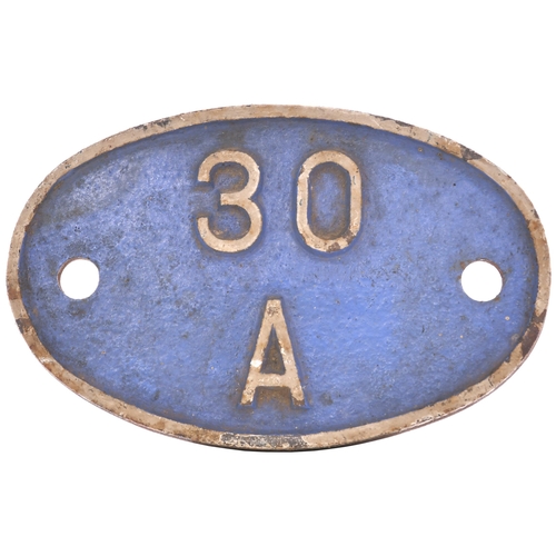 A shedplate, 30A, Stratford (1948-May 1973). A flat backed plate carried by a diesel locomotive, the front repainted. (Postage Band: B)