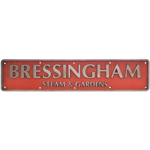 A nameplate BRESSINGHAM STEAM AND GARDENS from Class 90 90010. Previously named 275 RAILWAY SQUADRON VOLUNTEERS, this plate was unveiled at Liverpool Street station in June 2011 and removed in June 2014. Cast aluminium, 45½"x10", in ex loco condition. All proceeds from the sale of this lot will benefit The Railway Children charity.  (Postage Band: N/A)