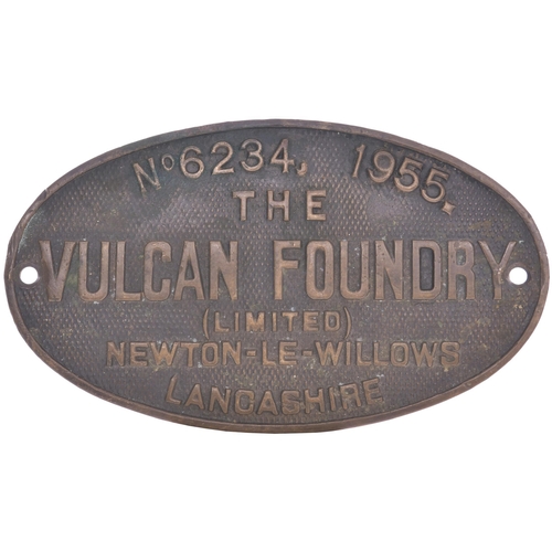 A worksplate, VULCAN FOUNDRY, 6234, 1955, from an East African Railways metre gauge oil burning 31 Class 2-8-4 No 3107 named BANTU after an ethnic group in Uganda. The class worked on branch lines throughout the EAR system. Cast brass, 8¾"x5¼", in ex loco condition, bevelled to fit the smokebox side. A note on the back of the plate states it is from sister engine 3103 but available records suggest otherwise. (Postage Band: B)