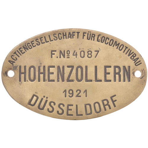 14 - A worksplate, HOHENZOLLERN, 4087, 1921, from a 3ft 6ins gauge 0-8-0T new to the Malang Stoom Tram Ma... 