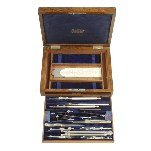 858 - A 14 piece drawing set by STANLEY London with unnamed ivory sector in orig walnut case and, unusuall... 