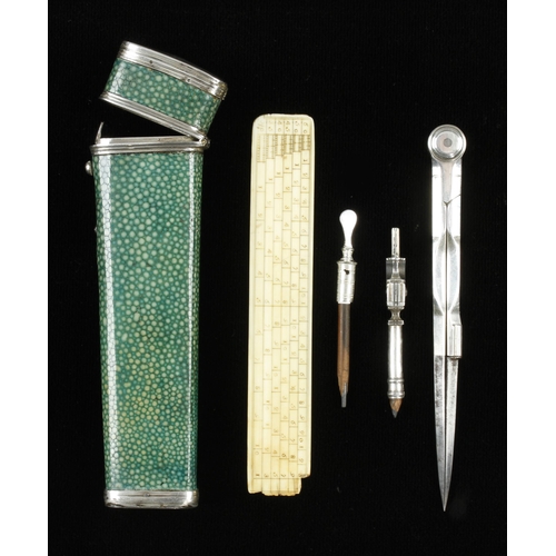 860 - An unusually slender silver? 4 piece etui with ivory scale rule marked I's SEARCH London (1771-81) i... 