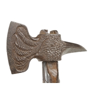 A unique, important and very decorative 18c French/German strapped boarding axe the head in the form of an eagle , the 3 1/2" blade decorated with feathers on one side and the other with a gamekeeper trying to catch a pheasant, this axe was a centre piece in the magnificent John & Janet Wells collection for many years. Also featured in The Art of Fine Tools by Sandor Nagyszalancz on page 111  G+