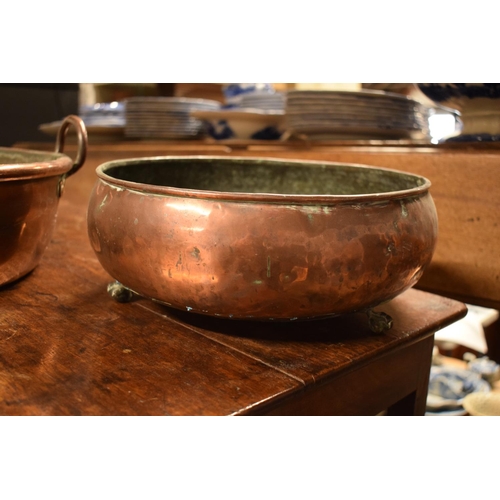 20 - 2 Victorian copper shallow planters, one with 2 handles, with the other raised on claw feet (2)