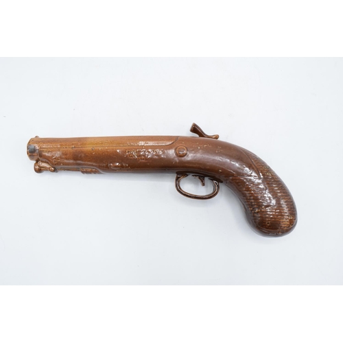 181 - A near pair of Doulton and Watts salt glaze duelling pistol spirit flasks, circa 1840s. Both present... 
