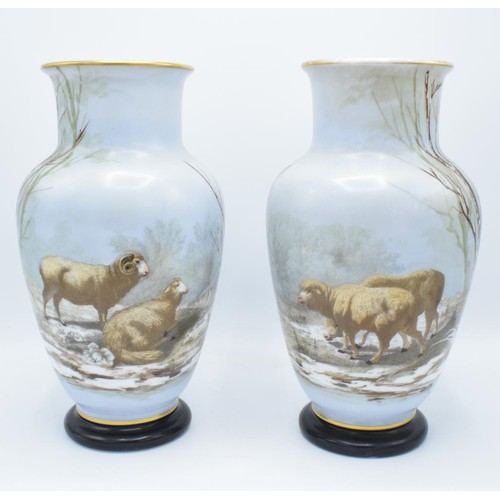 65 - 19th century French painted glass pair of baluster vases depicting sheep in a wintery woodland scene